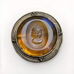 Vintage Intaglio Carved Amber Glass Cameo Woman Brooch Pin 1.25" Victorian Style